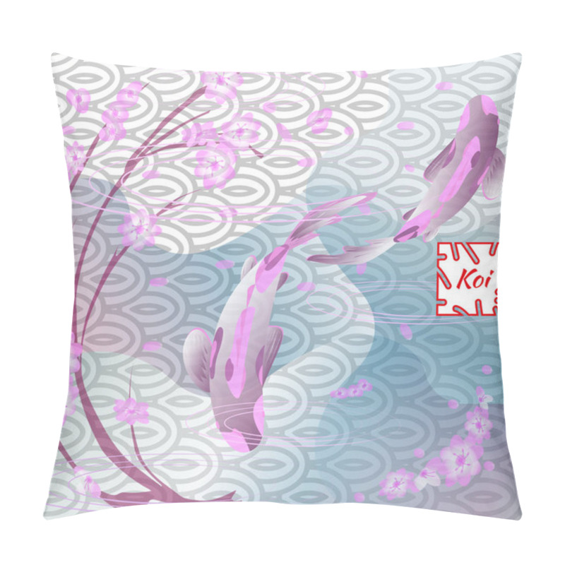 Personality  Set With Fish And Sakura, Koi Carp On Traditional Japanese Background. Monochrome Pastel Soft Pink And Blue. Vector Illustration, Cyprinus Carpio. Pillow Covers