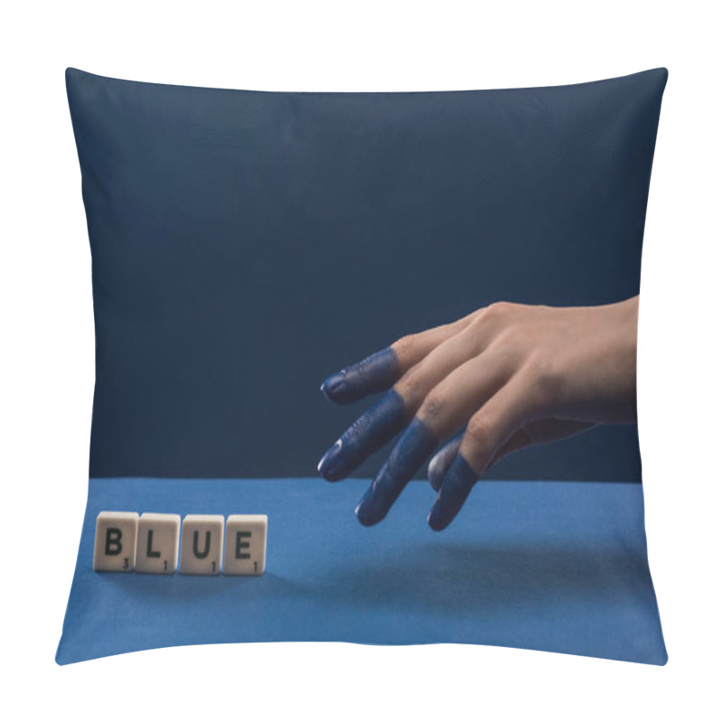 Personality  Cropped View Of Female Hand With Painted Fingers Near Cubes With Blue Lettering Isolated On Blue Pillow Covers