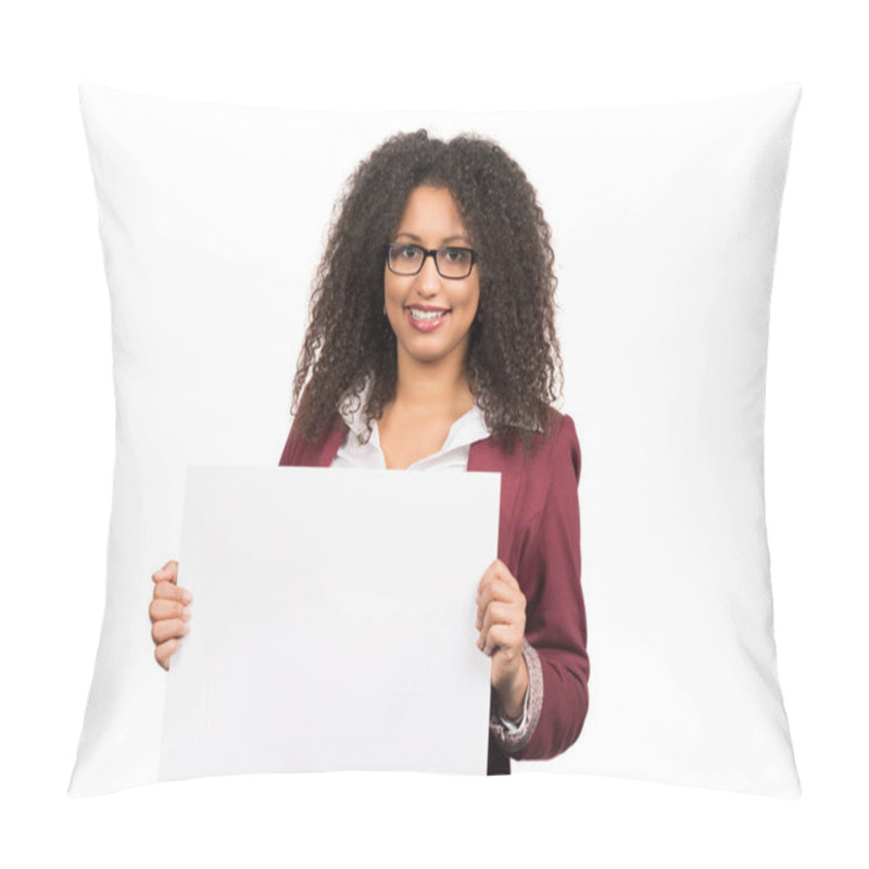 Personality  Full-time Photo Of A Young Woman With Curly Dark Hair (afro) And Glasses Holding A White Blank Sheet Of Paper. Pillow Covers