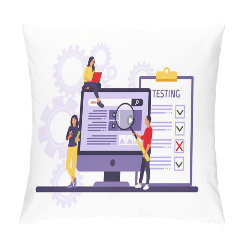 Personality  People Testing Software Fixing Bugs In Hardware Device. Application Test And IT Service Concept. Vector Illustration. Flat Pillow Covers