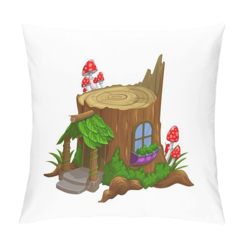 Personality  Gnome Or Dwarf House In Old Tree Stub Cartoon Vector. Fairytale Or Folklore Creature, Forest Pixie Tiny House With Leaves Canopy Over Wooden Porch, Doors And Window, Moos And Fly Agaric Mushrooms Pillow Covers