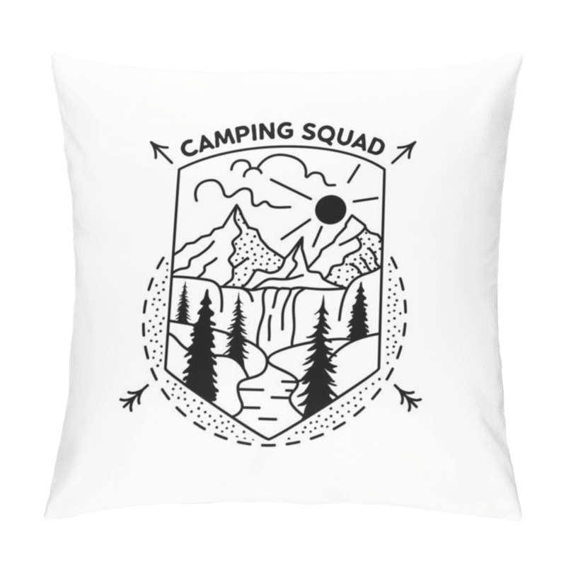 Personality  Camping Squad Badge Design. Outdoor Adventure Crest Logo With Mountains Scene. Travel Silhouette Label Isolated. Sacred Geometry. Stock Vector Tattoo Graphics Emblem Pillow Covers