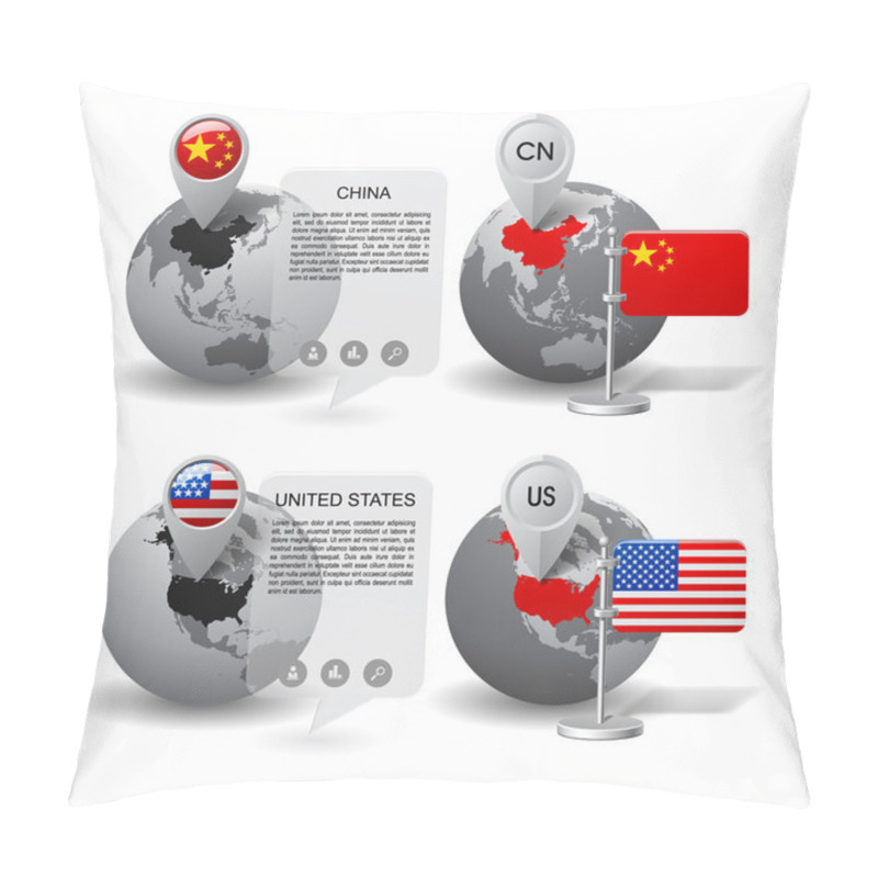 Personality  Globes With Map Marker And State Flags Of China And United State Pillow Covers