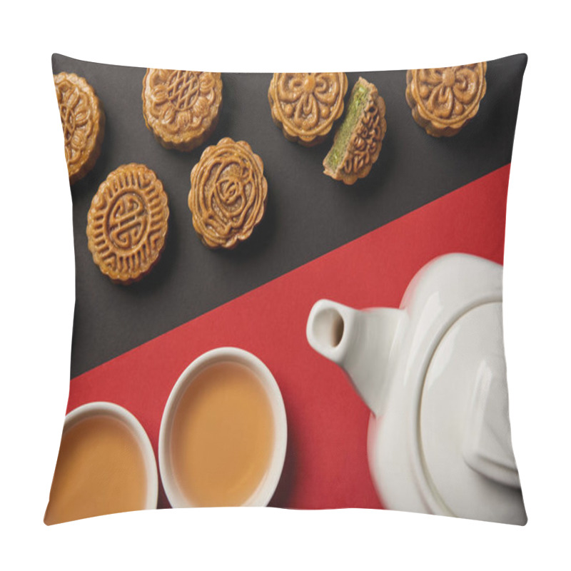 Personality  Top View Of Mooncakes, Tea Pot And Cups On Red And Black Background  Pillow Covers