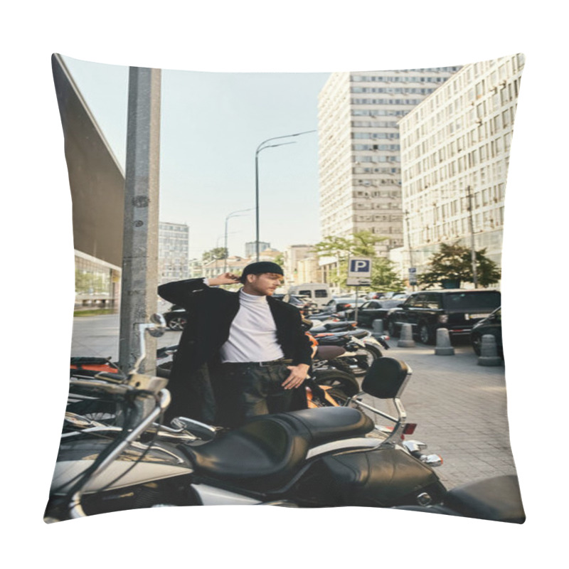 Personality  A Stylish Young Man With Red Hair Standing By A Row Of Parked Motorcycles In The City. Pillow Covers