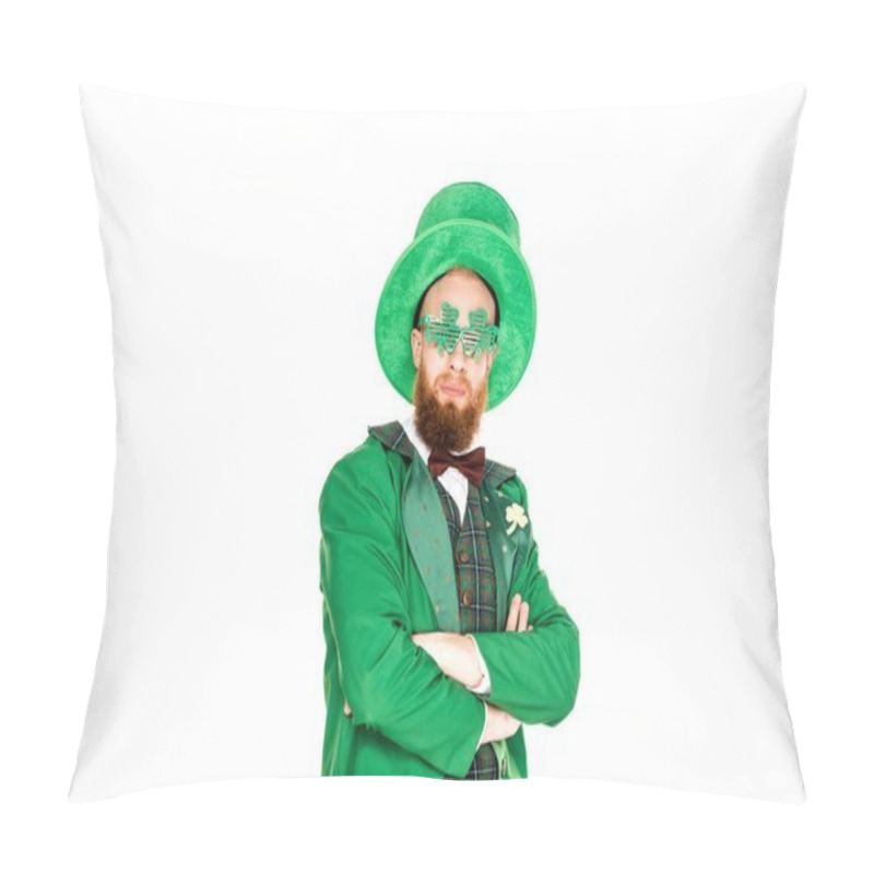 Personality  Bearded Man In Green Costume And Clover Shaped Eyeglasses Standing With Crossed Arms Isolated On White, St Patricks Day Concept Pillow Covers