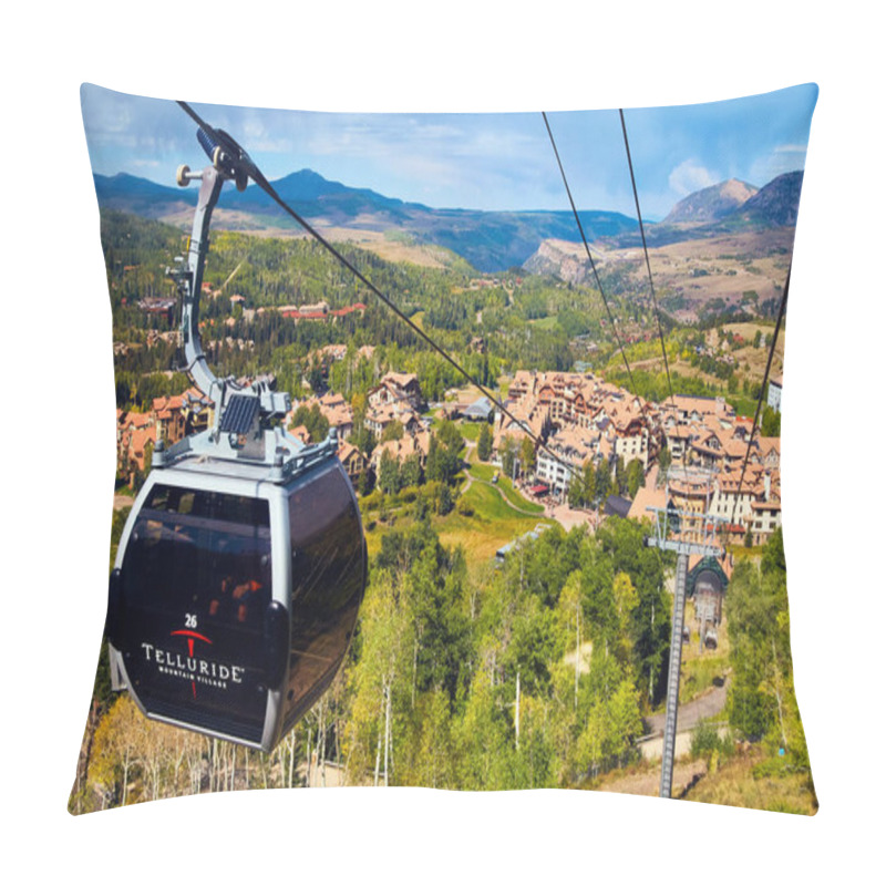 Personality  Gondola Ski Lift Going Up Mountain With Village In Background Pillow Covers