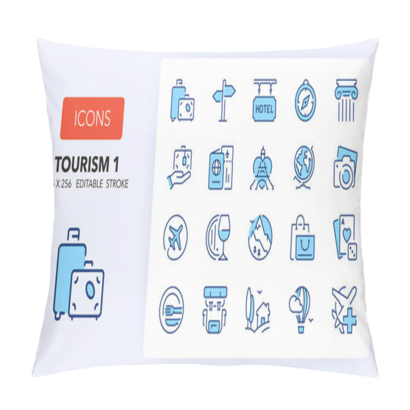 Personality  Line Icons About Tourism And Travel Destinations. Contains Such Icons As Ecotourism, Outdoor, Casino And More. 256x256 Pixel Perfect Editable In Two Colors. Set 1/2 Pillow Covers