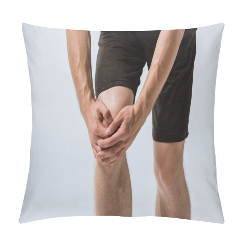 Personality  Cropped View Of Sportsman With Knee Pain Isolated On Grey Pillow Covers