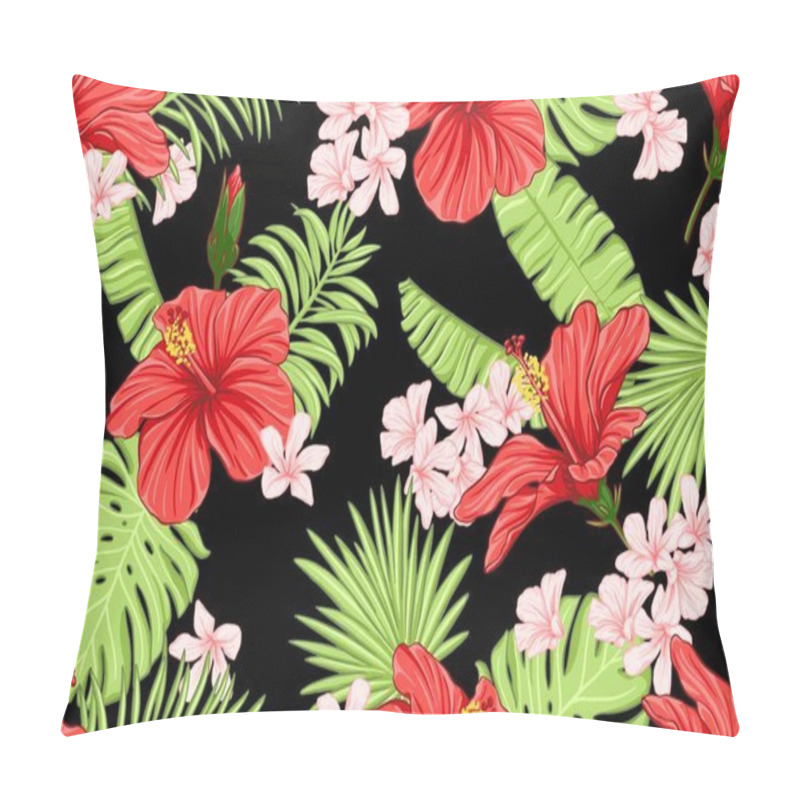 Personality  Seamless Pattern With Hibiscus Flowers And Tropical Palm Leaves. Exotic Endless Background, Wallpaper. Pillow Covers