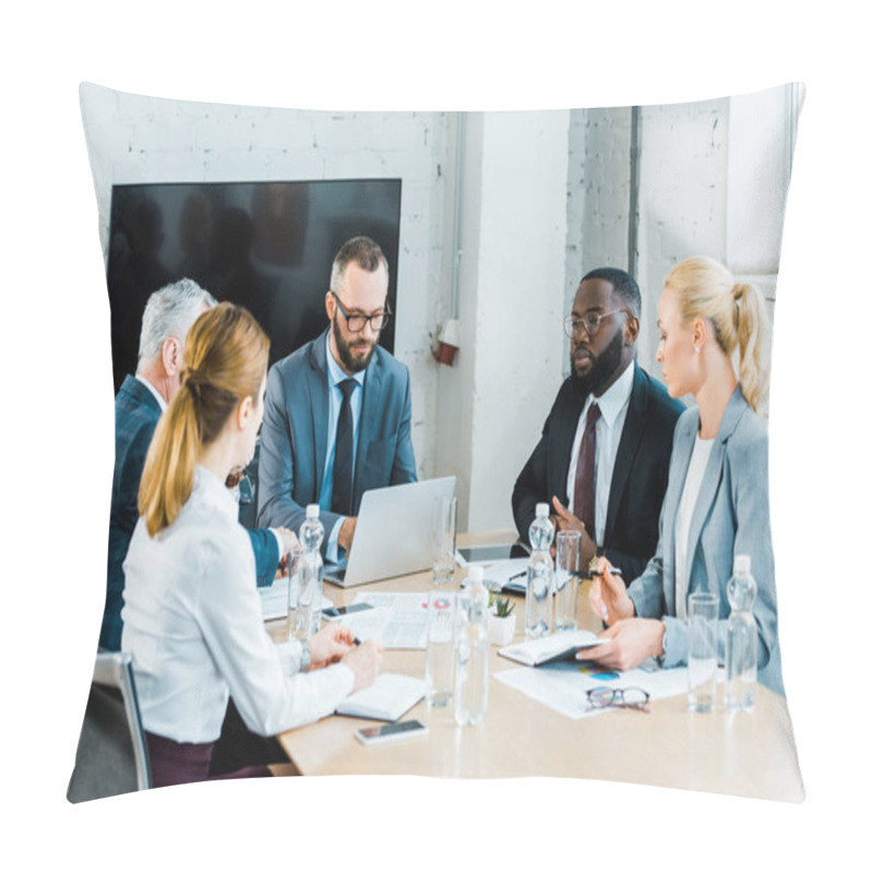 Personality  Multicultural Businessmen Having Conversation With Businesswomen In Conference Room  Pillow Covers