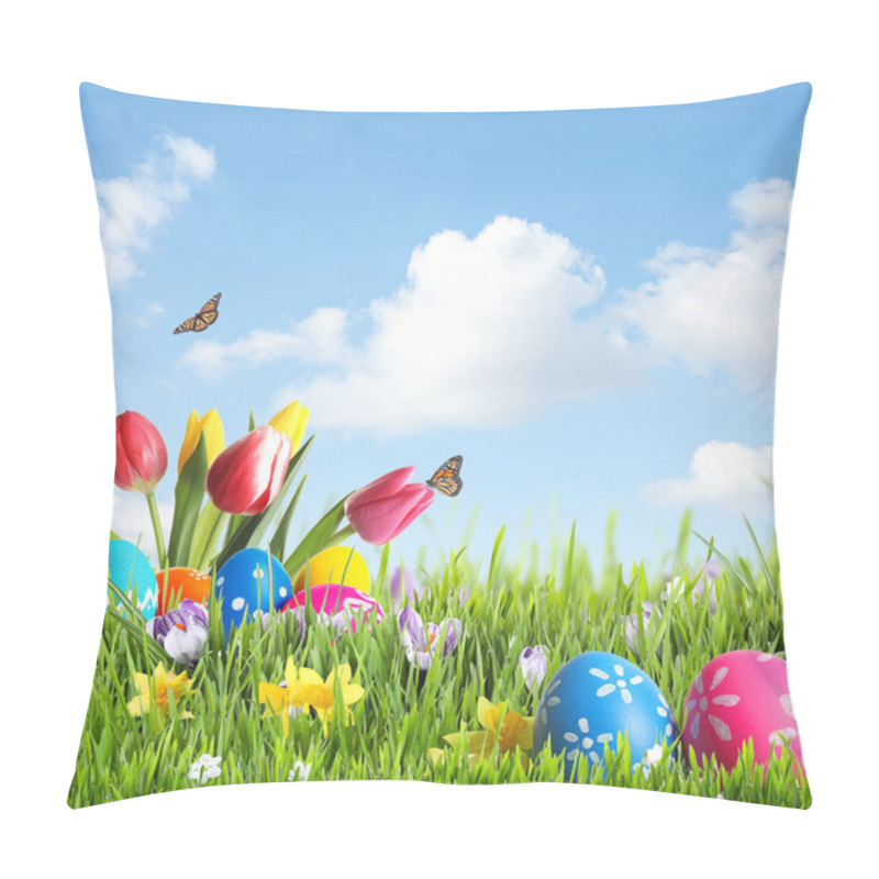 Personality  Bright Easter Eggs And Flowers In Green Grass Against Blue Background, Space For Text Pillow Covers