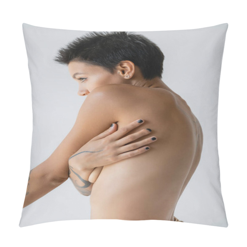 Personality  Side View Of Shirtless Tattooed Woman Covering Breast With Hand Isolated On Grey Pillow Covers