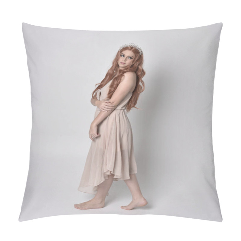 Personality  Full Length Portrait Of A Pretty, Fairy Girl Wearing A Nude Flowy Dress And Crystal Crown. Standing And Dancing Pose Against A Grey Studio Background. Pillow Covers