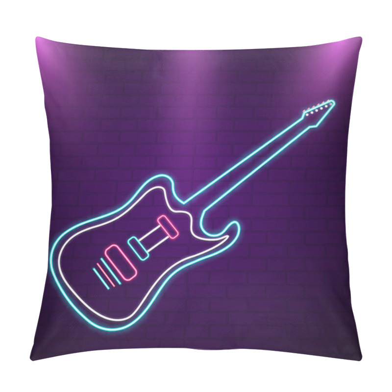 Personality  Isolated Blue Neon Light Guitar On Purple Brick Wall. Pillow Covers