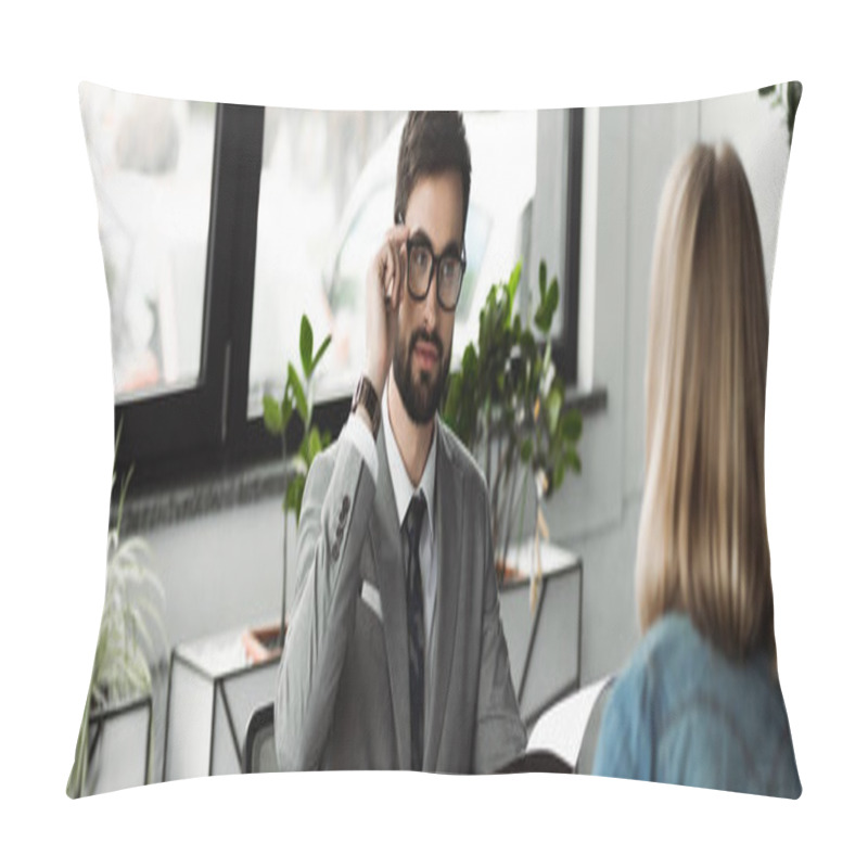 Personality  Businessman In Suit And Eyeglasses Holding Resume Near Blurred Candidate In Office, Banner  Pillow Covers