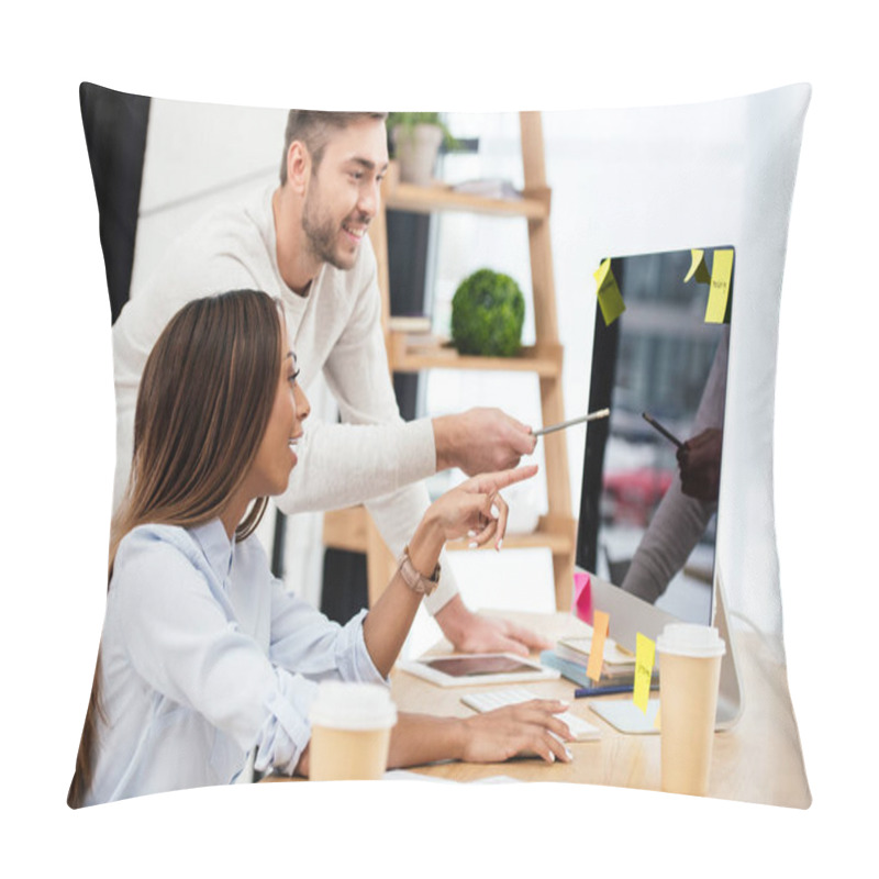 Personality  Side View Of Multiethnic Business People Discussing New Marketing Strategy At Workplace In Office Pillow Covers