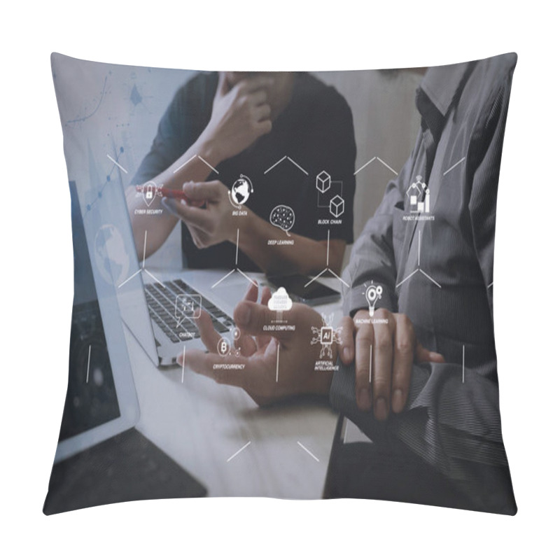 Personality  Futuristic In Industry 4.0 And Business Virtual Diagram With Ai, Robot Assistant, Cloud, Big Data And Automation. Business Team Meeting. Photo Professional Investor Working New Start Up Project. Finance Task. Pillow Covers