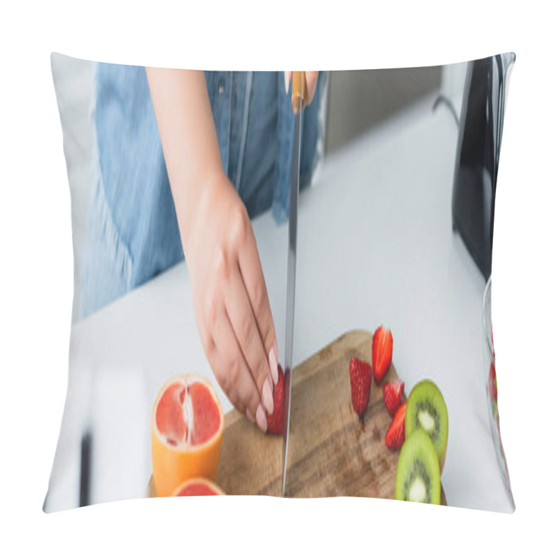 Personality  Cropped View Of Woman Cutting Fruits Near Blurred Cellphone In Kitchen, Banner  Pillow Covers