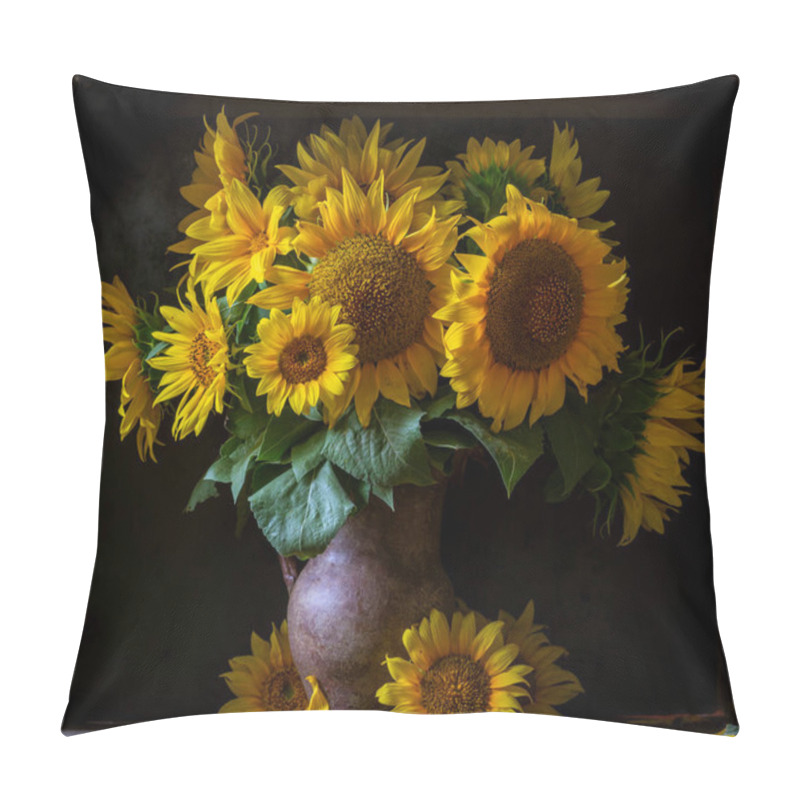 Personality  Beautiful Yellow Sunflower Still Life Bouquet  In A Clay Jug Ceramic Rustic Style Oil Honey Dark Photo Background Wooden Table Vintage. Retro. Low Key Autumn Flowers Pillow Covers