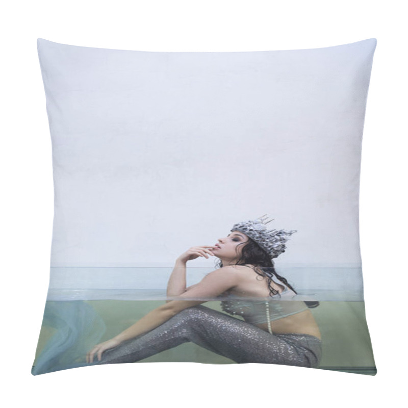 Personality  A Young Woman, Adorned In A Crown, Sits In A Tank Of Water, Resembling A Mermaid. Pillow Covers