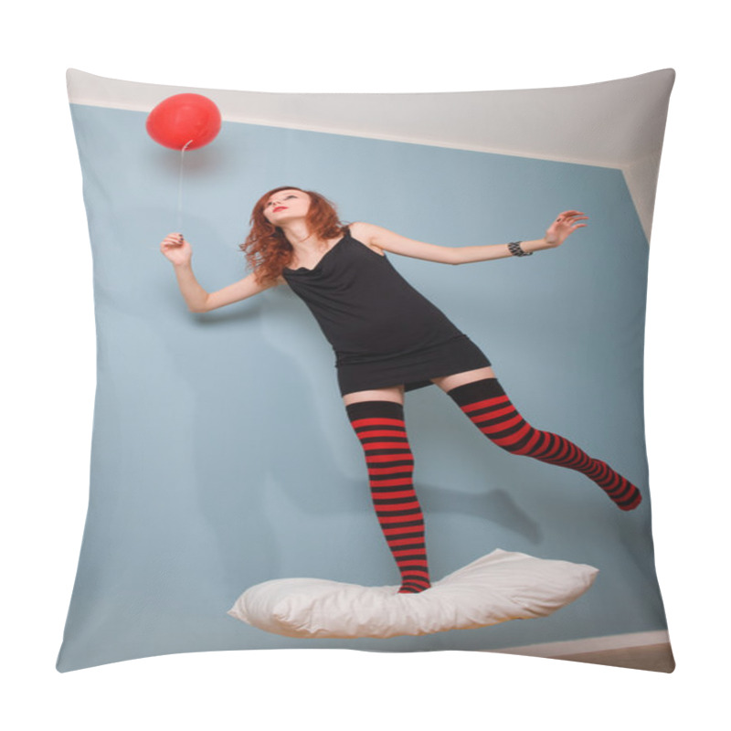 Personality  Levitation Portrait Of Beautiful Redhead Caucasian Girl With Heart Balloon Pillow Covers