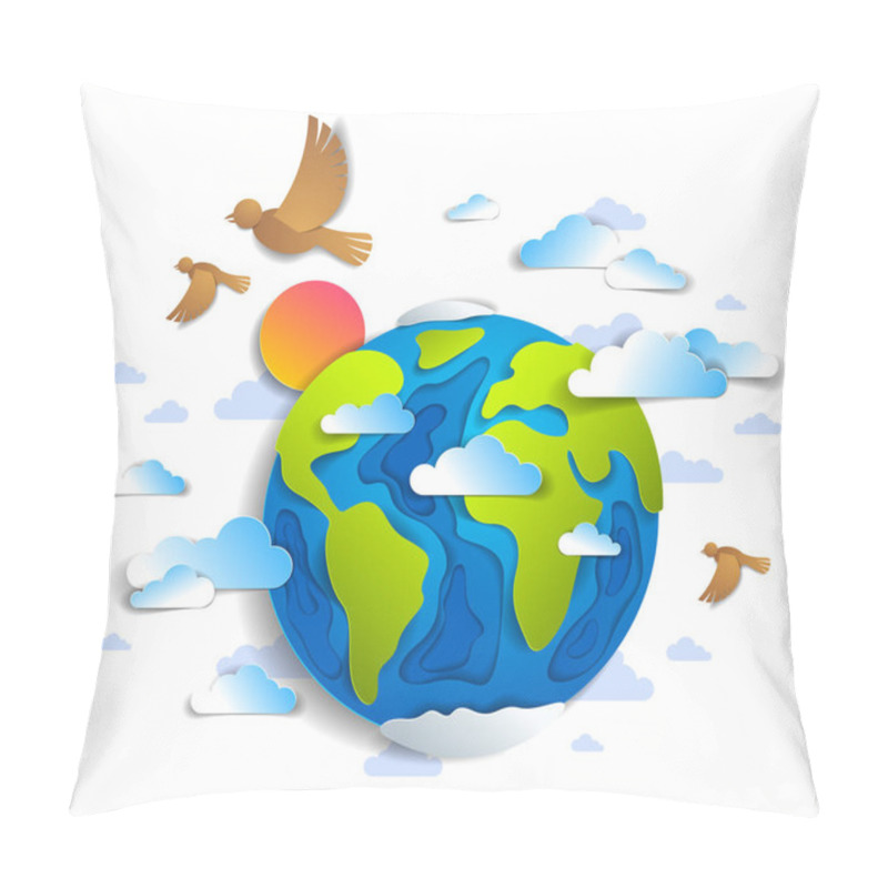 Personality  Cartoon Earth Clouds Birds Flying And Sun Vector Modern Style Paper Cut 3d Illustration. Optimistic And Positive Freedom Feeling Concept Design. Pillow Covers