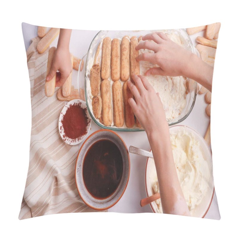 Personality  Kids Hands Placing Savoiardi Biscuits On Cream To Make Tiramisu Pillow Covers