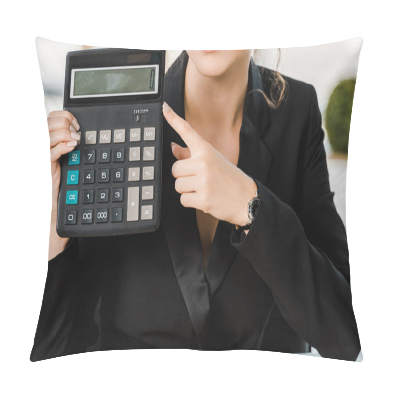 Personality  Cropped Image Of Businesswoman Pointing On Calculator In Office Pillow Covers