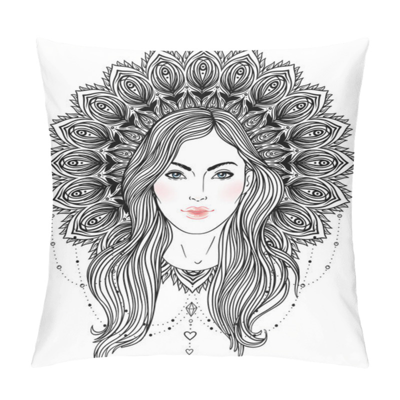 Personality  Tribal Fusion Boho Diva. Beautiful Divine Girl With Ornate Crown Pillow Covers