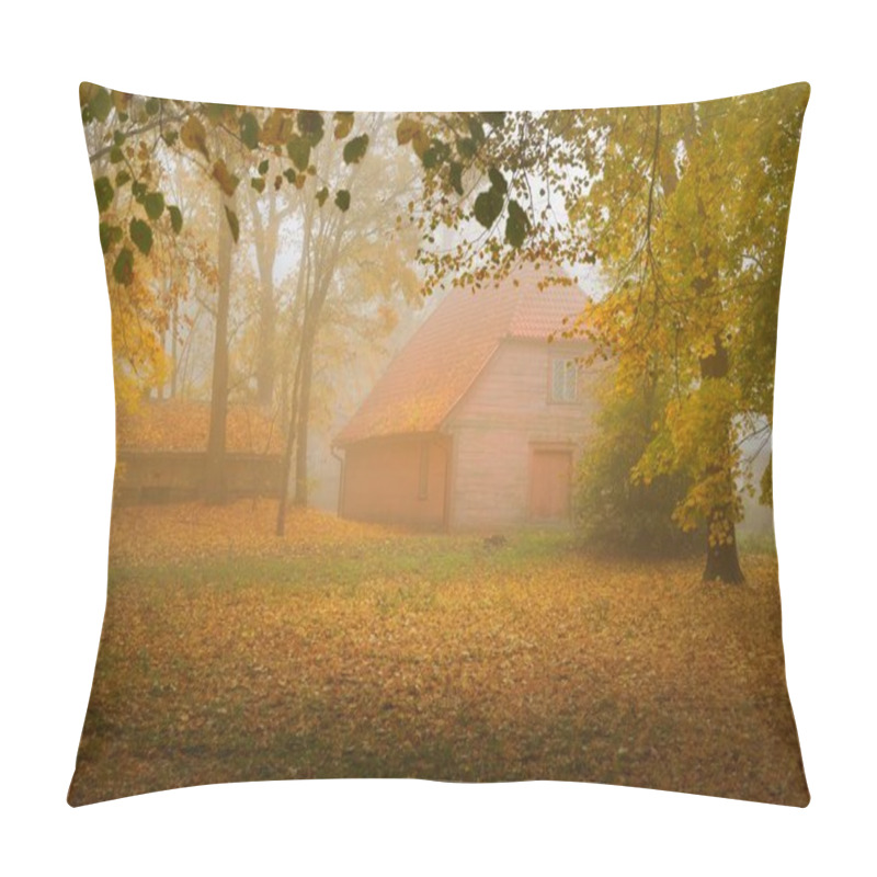 Personality  An Old Traditional Wooden Country House With A Red Tile Roof On A Cloudy Autumn Day, Close-up. A View From The Garden, Golden Leaves On The Ground. Architecture, Tourism, Recreation Theme. Germany Pillow Covers