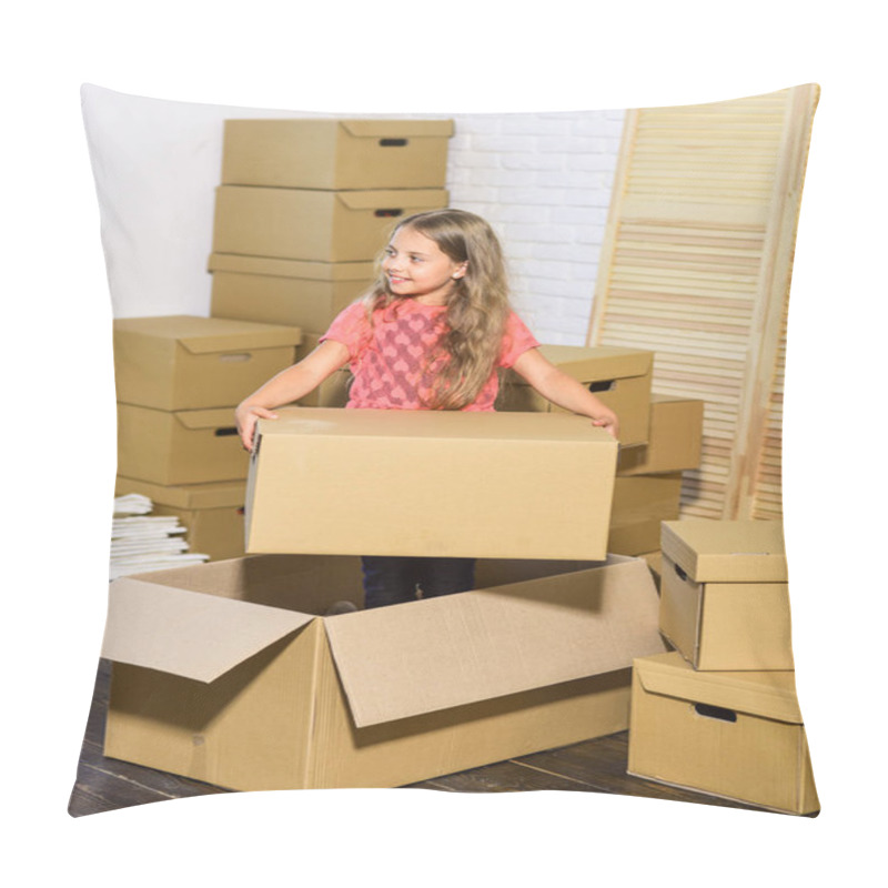 Personality  Move Out Concept. Prepare For Moving. Packaging Things. Excited About New House. Sweet Home. Rent House. Family House. Delivering Service. Apartment For Family. Moving Out. Girl Child Play Box Pillow Covers