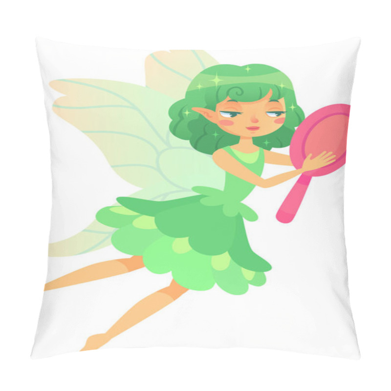 Personality  Beautiful Fairy With Green Hair And Dress Flying While Holding A Pink Mirror, Sparkling Magical Creature With Wings, Charming Mythical Character From Fantasy World Pillow Covers