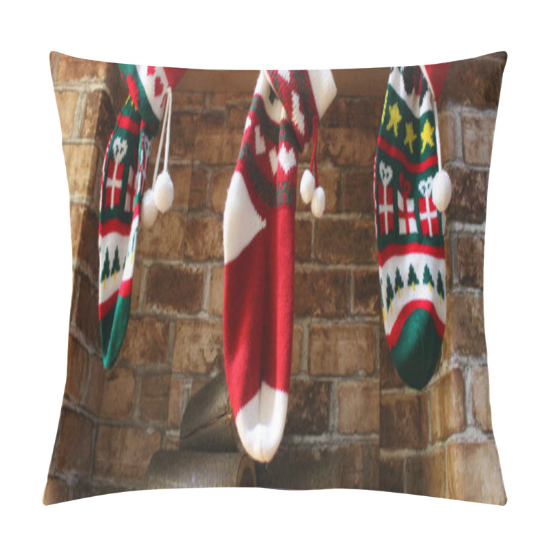 Personality  Christmas Decoration For Gifts On A Fireplace. Wool Socks With New Year's Ornament For Sweets And Gifts Pillow Covers