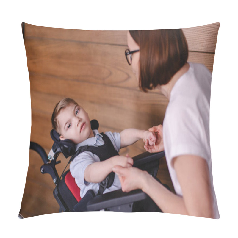 Personality  Beautiful Boy Child In A Special Wheelchair. Toddler With Cerebral Palsy With His Mother. Rehabilitation With A Teacher Is A Process. Lifestyle Moments. Rehabilitation Therapist Lesson Therapy. Suppor Pillow Covers