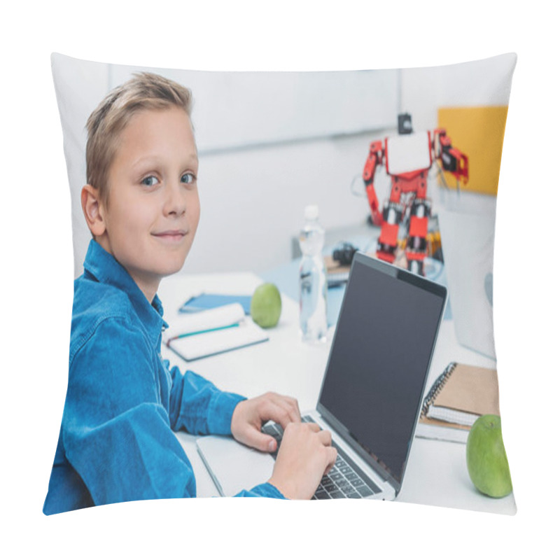 Personality  Schoolboy Sitting At Table With Robot Model, Looking At Camera And Using Laptop With Blank Screen During STEM Lesson   Pillow Covers