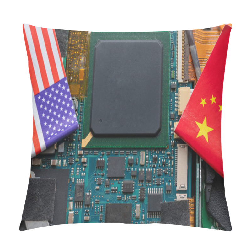 Personality  A Technology Conflict, Competition Concept With The American And Chinese Flags On Top Of A Semiconductor Circuit Board. Pillow Covers