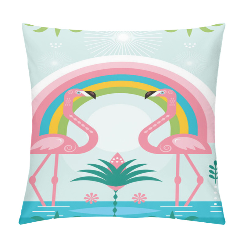 Personality  Flamingos , Rainbow, Palm Leaves. Cartoon Vector Illustration, Horizontal Banner.  Pillow Covers