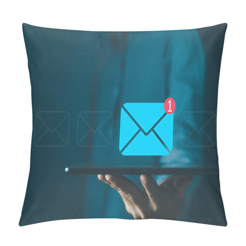 Personality  Send An Information Message Email From The Tablet, Icon New Email. Smart SMS Mail On Digital. Business Communication Contact Newsletter Concept. Marketing Social Media. Write Text On The Web Pillow Covers