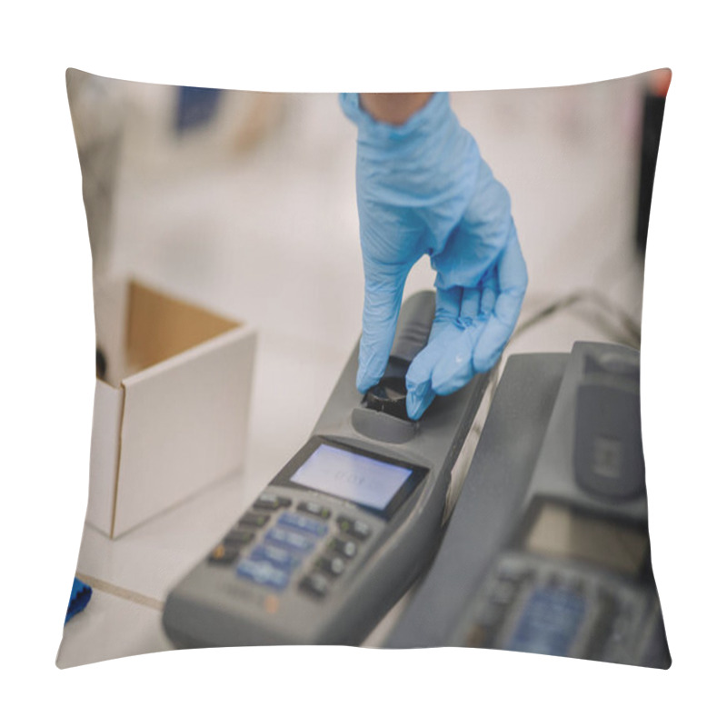 Personality  Valmiera, Latvia - November 18, 2024 - A Scientists Gloved Hand Operating A Laboratory Device With A Small Sample, Focusing On Precision And Modern Equipment For Analysis Pillow Covers