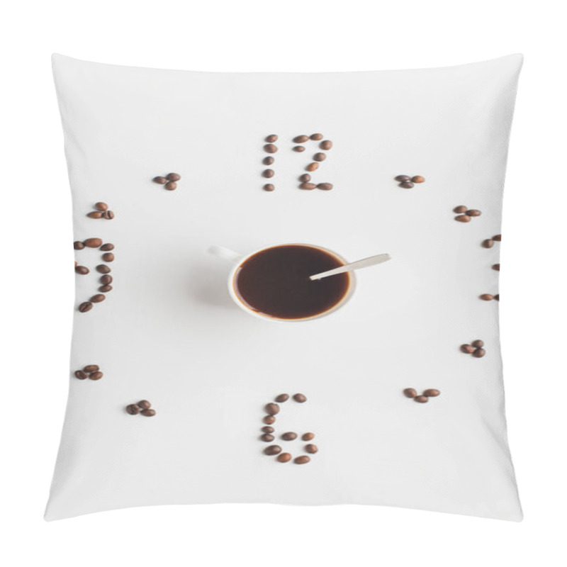 Personality  Top View Of Clock Made Of Coffee Beans Around Cup On White Surface Pillow Covers