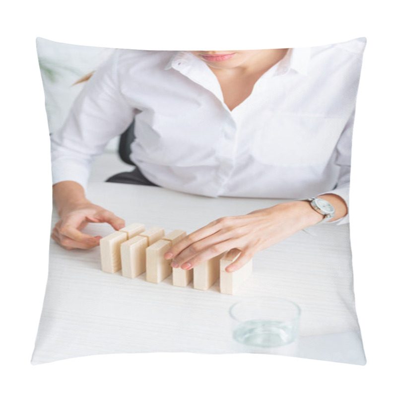 Personality  Cropped View Of Businesswoman Stacking Wooden Building Blocks On Table Pillow Covers