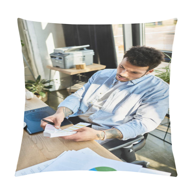 Personality  Handsome Man Engaged In Analysis, Surrounded By Documents And A Warm, Inviting Atmosphere. Pillow Covers