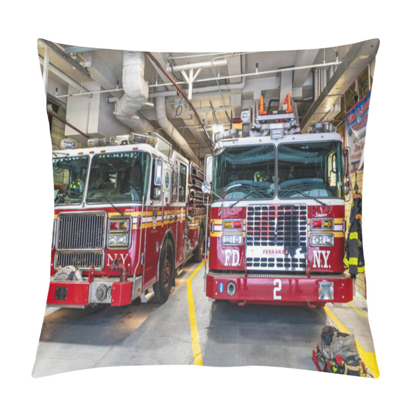 Personality  NEW YORK CITY, USA - MARCH 15, 2020: Fire Truck Parked In The Fire Station In Manhattan In New York City, USA Pillow Covers