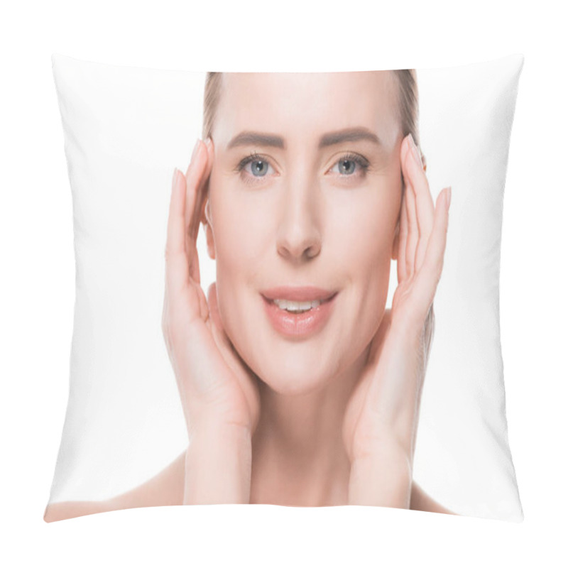 Personality  Female With Fresh Clean Skin Touching Own Face Isolated On White Pillow Covers