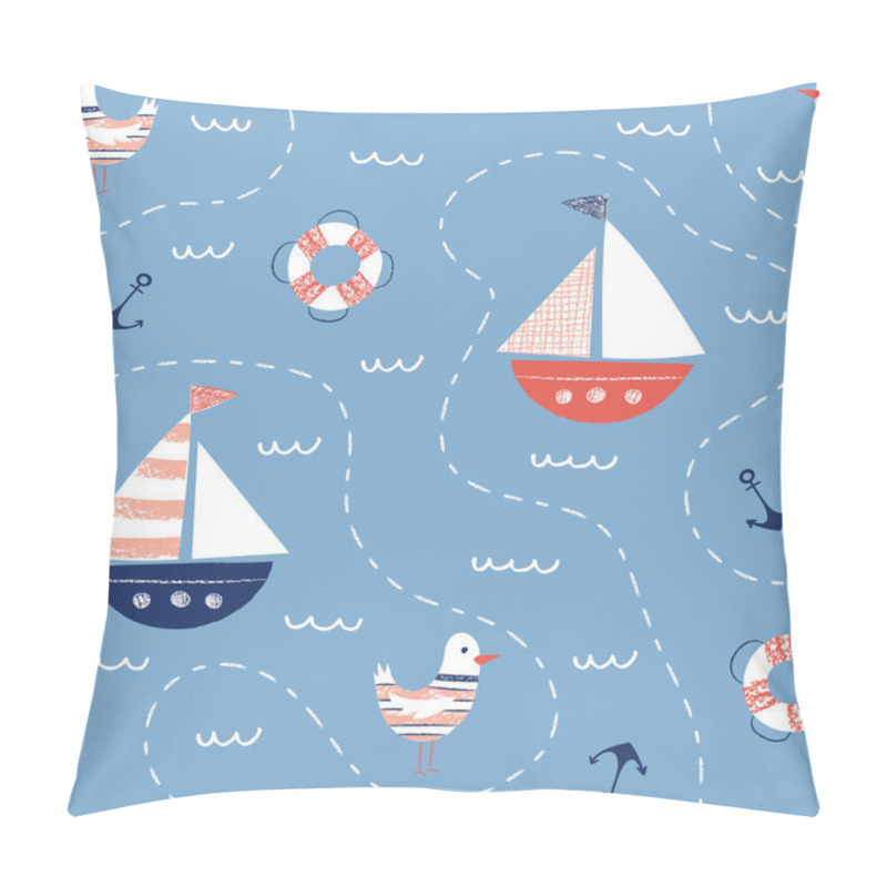 Personality  Whimsical Hand-Drawn With Crayons Nautical Map Vector Seamless Pattern With Ships, Seagulls, Anchors, Lifebuoys Pillow Covers