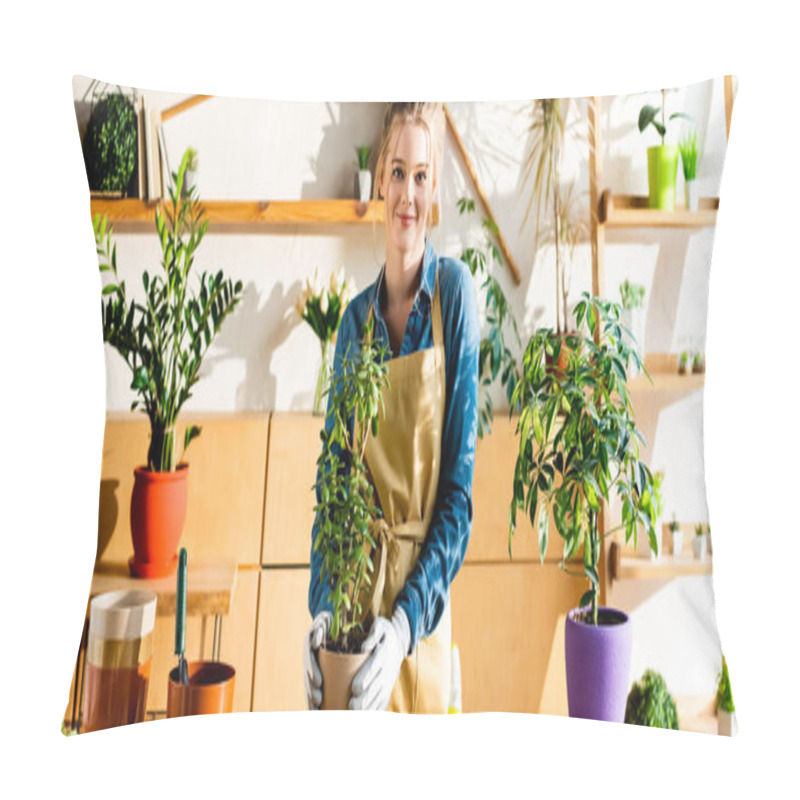 Personality  Panoramic Shot Of Happy Girl In Apron And Gloves Smiling Near Green Plants  Pillow Covers