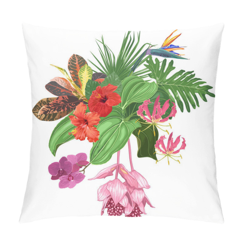 Personality  Large Bouquet Of Tropical Flowers And Leaves. Hibiscus, Orchids, Strelitzia, Medinilla, Palm Trees.  Pillow Covers