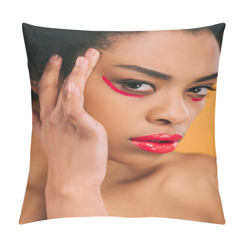 Personality  Attractive Young Woman With Creative Red Makeup Isolated On Yellow Pillow Covers