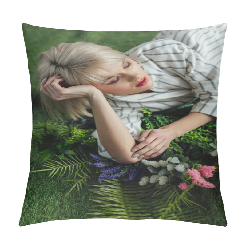 Personality  Beautiful Stylish Blonde Girl With Eyes Closed Lying On Artificial Grass With Fern And Flowers Pillow Covers